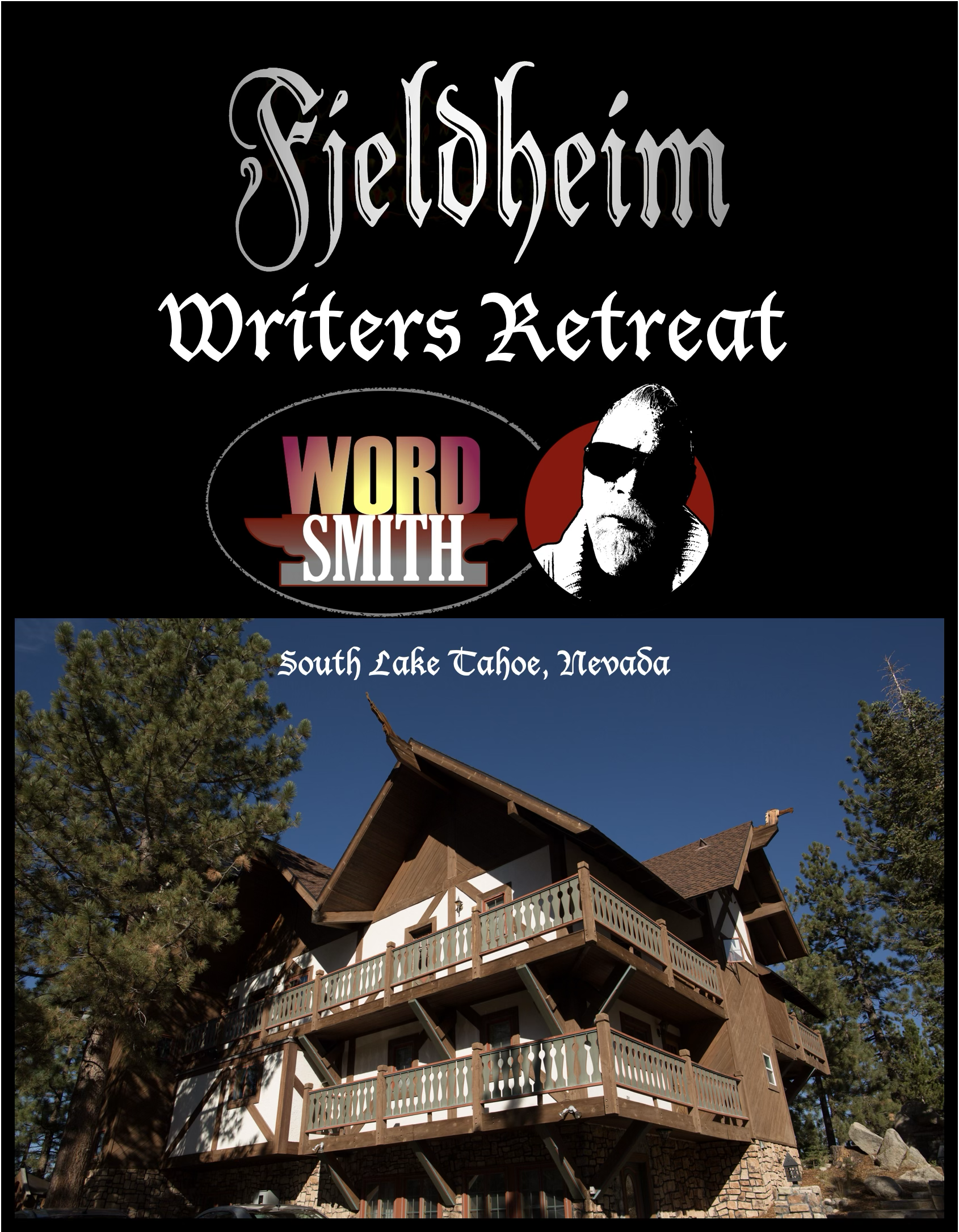 Photo of the retreat center, Fjeldheim, and logos for WWC and The Plot Dude. Text: "South Lake Tahoe, Nevada"